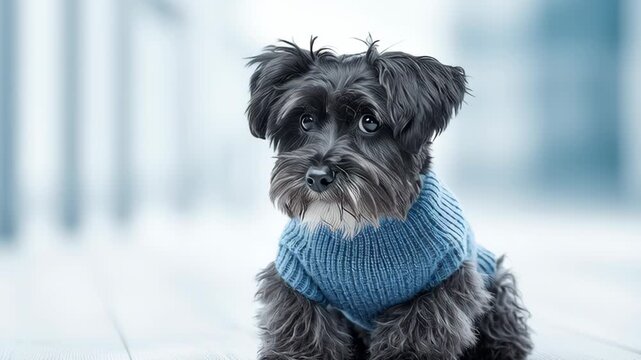 Charming pet attire. Cheerful fluffy dog modeling vibrant warm clothes. Sweet puppy wearing casual apparel standing with joy expression. Small dog dressed in striped knitted sweater posed tongue out