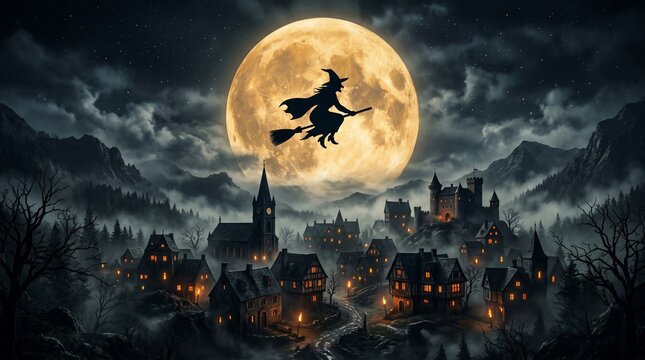 Spooky halloween background witch flying before a full moon over village