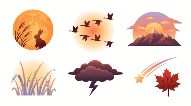 A serene landscape with a silhouette of a hare under a full moon, birds flying in the sky, a mountain range at sunset, tall grass, a stormy cloud with a shooting star, and a falling red maple leaf.