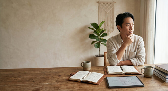 Thoughtful Asian professional looking out window while planning project workflows at a home office desk.