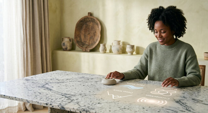 Smiling woman interacting with a futuristic augmented reality smart home interface on a marble table.