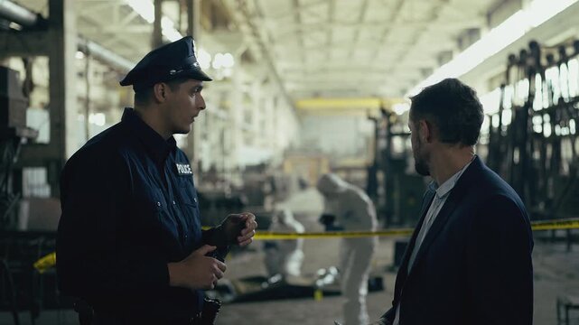 Police officer speaking with detective about investigation at metal factory