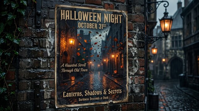 Spooky halloween night poster cobblestone street lanterns and autumn foliage background