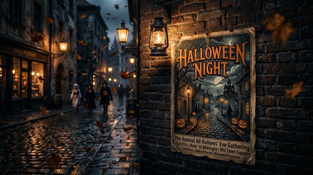Spooky halloween background with cobblestone street and lanterns on halloween night