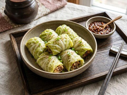 A gourmet presentation of traditional Korean steamed cabbage rolls