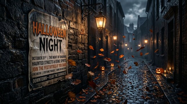 Spooky halloween night event poster in dark cobblestone alley background