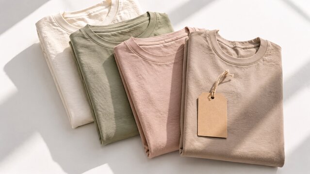 Flat lay of folded basic cotton t-shirts in earthy tones with a blank kraft paper tag mockup