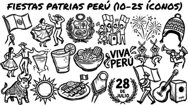 Peruvian National Holidays Icons Set - Black  White Line Art Illustrations of Culture, Food, Dance  Symbols for Fiestas Patrias Celebration