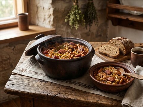 Traditional Polish Hunter's Stew with cabbage and sausage