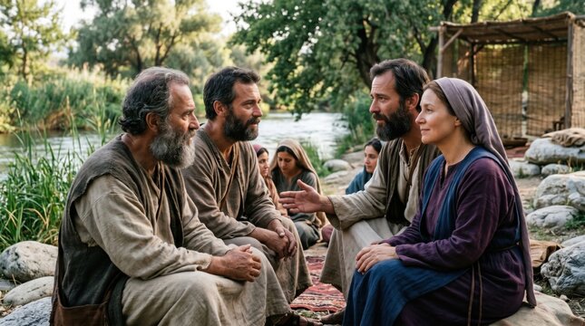 Woman Lydia listening to apostles Paul and Silas near river. Biblical scene of preaching gospel. Historical reenactment of religious gathering. Spiritual conversation in nature.