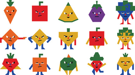 Fototapeta premium Geometric Vegetable Character Collection with Angry Cartoon Faces, Pixel Style Shapes, Funny Food Mascots, and Retro Vector Illustration Set