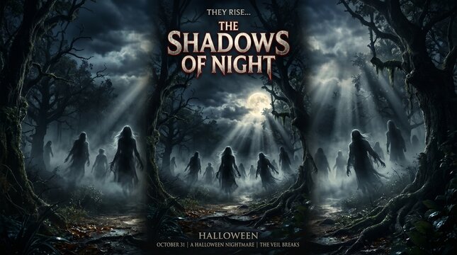 Spooky halloween background with shadows of night and zombies rising
