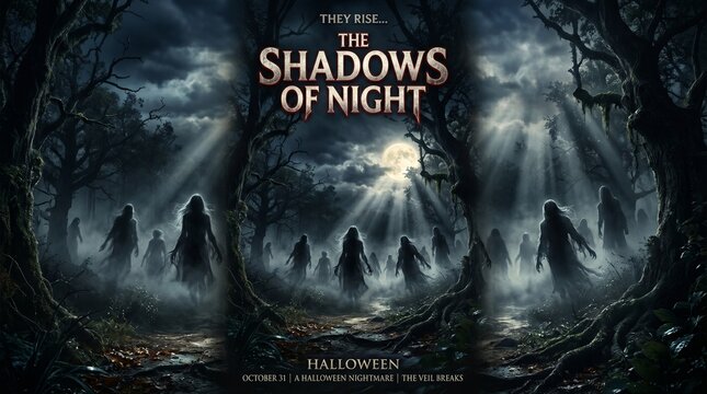 Spooky halloween background with ghostly figures in dark forest scene