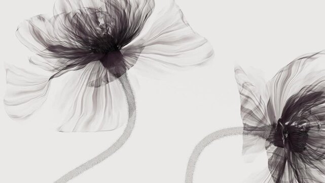 Two translucent xray style flowers rising and unfurling petals in the wind, monochrome black and white digital nature concept on light background for art and editorial content