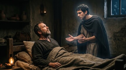 Fototapeta premium Apostle Paul waking from sleep to encounter Macedonian man in vision. Biblical scene from Acts of the Apostles. Ancient historical narrative representing the call to preach in Macedonia.
