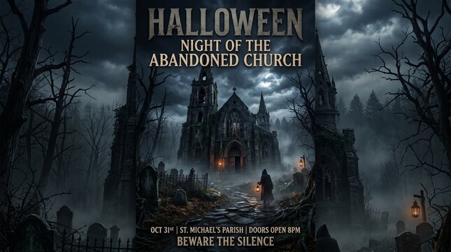Spooky halloween background of abandoned church on a dark and stormy night