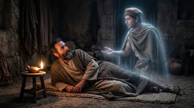 Apostle Paul lying on floor and seeing vision of Macedonian man in night. Biblical scene from Acts of Apostles. Divine revelation and spiritual guidance in ancient setting, religious art.