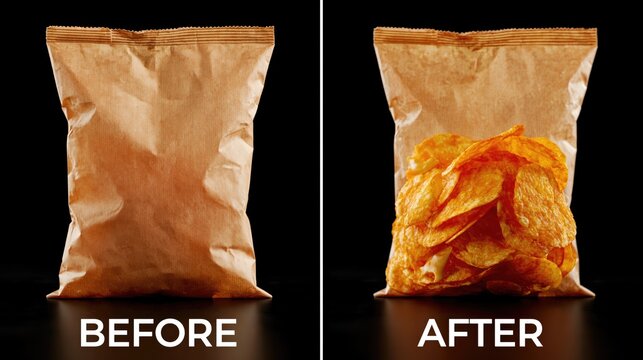 Before and after comparison of potato chip bag revealing actual amount of product. Food industry: deceptive packaging concept