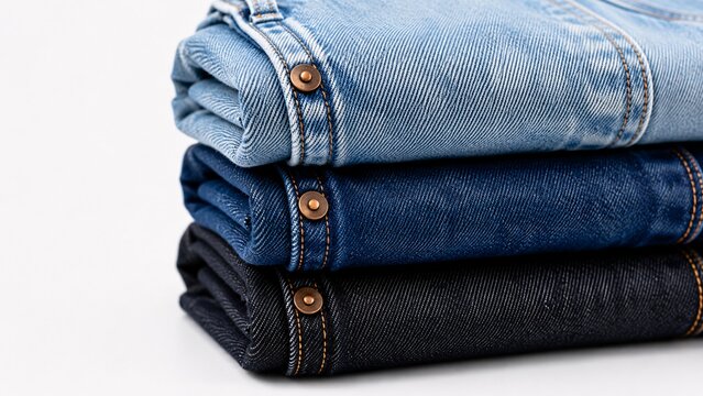 Stack of neatly folded blue denim jeans in different shades on a pure white background