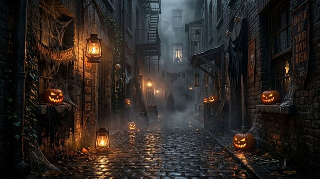 Spooky halloween background dark alleyway with jack o' lanterns and fog
