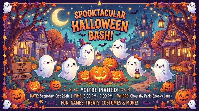 Spooktacular halloween bash background with ghosts and pumpkins
