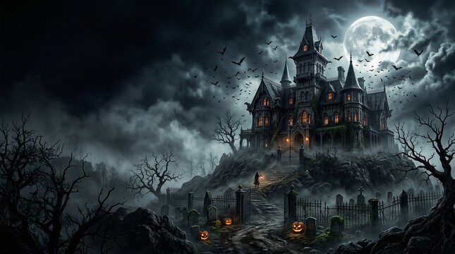 Spooky halloween background with haunted mansion and full moon