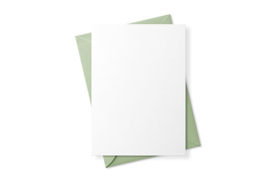 Sage green vertical euro flap envelope mockup with card isolated on transparent background, PNG. High Resolution.