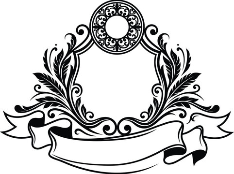 Black and white intricate ornamental frame with scrolling vines and blank ribbon for proficient rendering projects.
