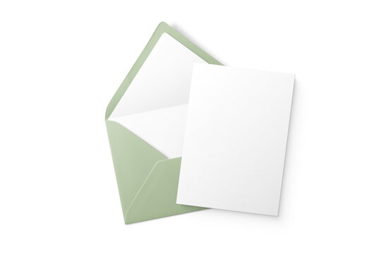 Sage green euro flap envelope and 5x7 invitation card mockup isolated on transparent background, PNG. High Resolution.
