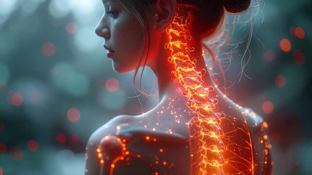 A woman's anatomy illuminated. Glowing spine and shoulder detail. Bokeh background
