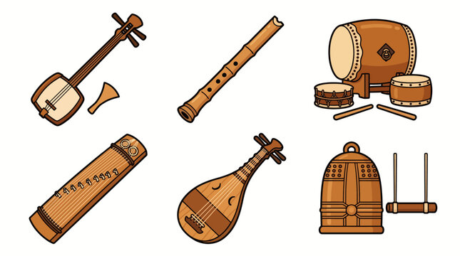 Various traditional musical instruments on display including drums and stringed instruments