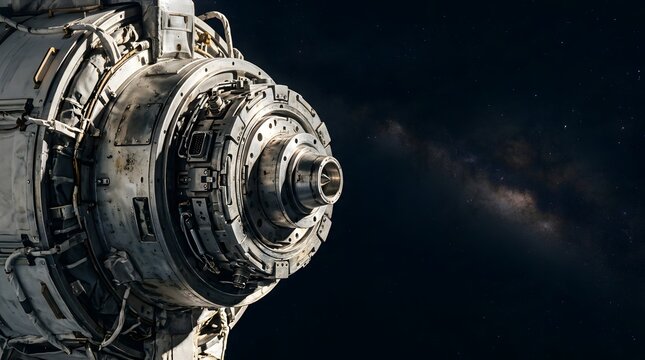 close up futuristic spacecraft docking module and advanced orbital engineering structure in deep outer space environment