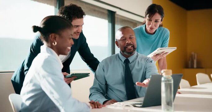 Explain, finance and technology with business people in boardroom for development or review. Investment workshop, laptop and tablet with employee team in financial workplace for risk management