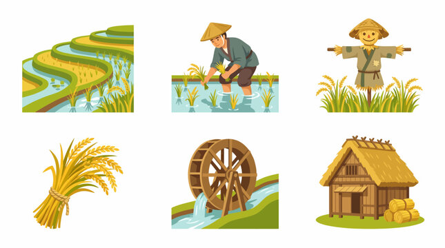 Farmers harvesting rice in a field with a scarecrow and waterwheel nearby