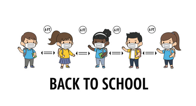 Group of five school children wearing face masks and backpacks stands at a safe social distance for back to school.