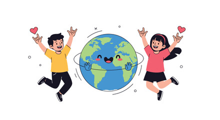 Fototapeta premium Two joyful children jump in the air next to a smiling cartoon earth globe to celebrate environmental love and care.