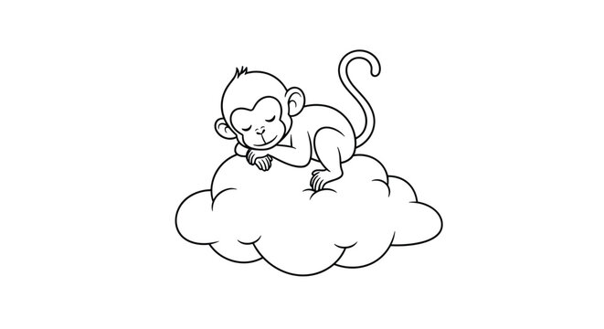 Cute baby monkey sleeps peacefully on a soft fluffy cloud in this simple black and white line art illustration.