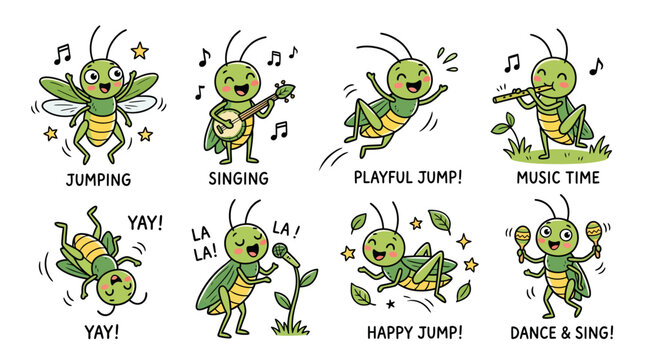 Cute grasshopper cartoon character set, 8 musical cricket stickers with jumping and singing poses, green insect mascot vector illustrations for kids