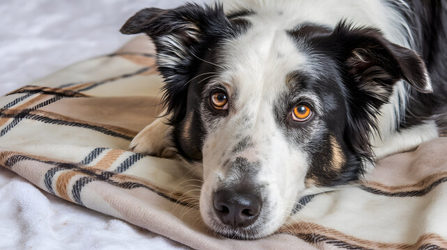A black and white dog lies on a plaid blanket with a sad expression