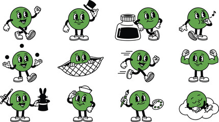 Obraz premium Retro Green Cartoon Mascot Character Collection with Magic, Painting, Music, Fitness, and Classic Vintage Comic Style Vector Illustrations