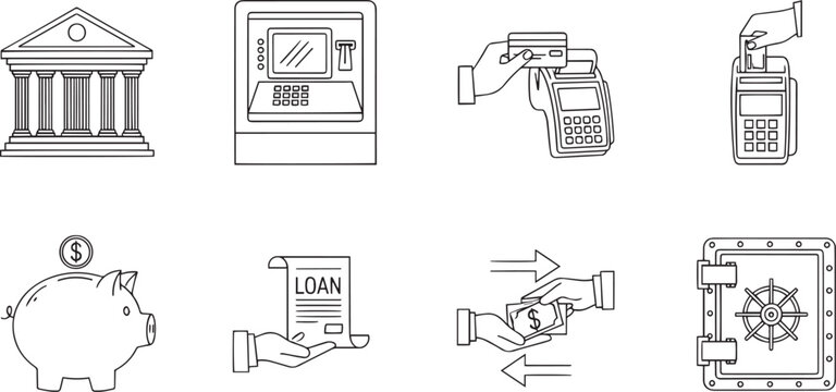 Digital Banking Finance Management and Electronic Money Transaction Linear Icons Set