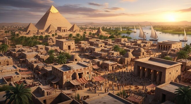 Ancient city and pyramids landscape