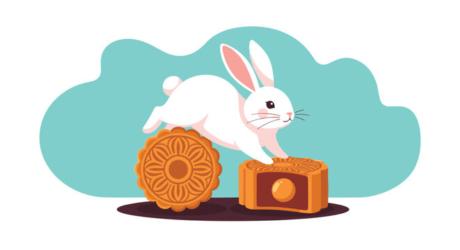 Energetic white rabbit jumping over traditional Chinese mooncakes for the Mid-Autumn Festival celebration event.