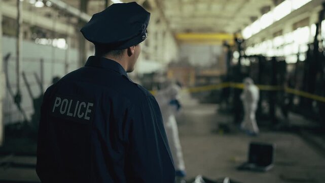 Male police officer and forensic experts working at industrial crime scene