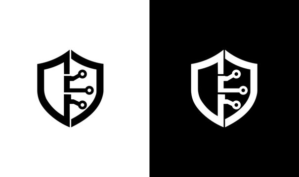 Cyber security shield with technology circuit network node logo design vector template