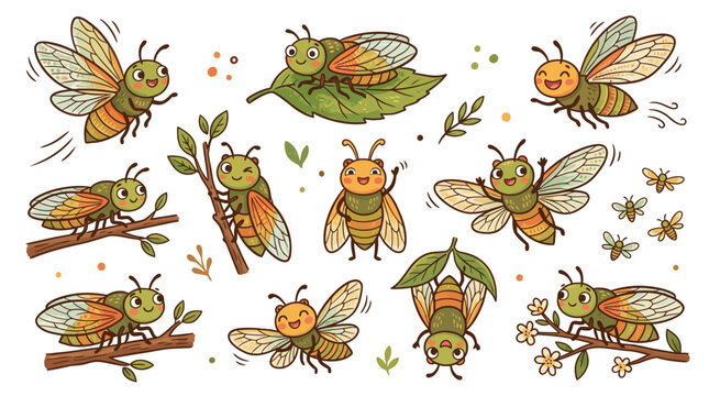 Cute cicada cartoon character set, friendly insect vector collection with 10 bug illustrations, hand drawn cicadas on leaves and branches for kids