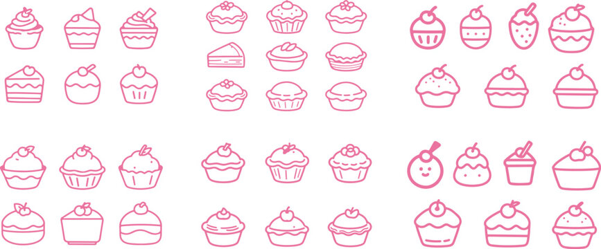 Collection of various cupcake and cake slice line art icons in pink