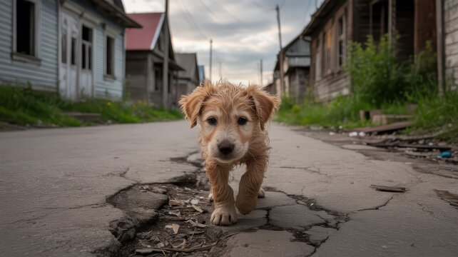 Adorable Puppy Walking on a Cracked Urban Street in a Poverty-Stricken Neighborhood During Overcast Weather