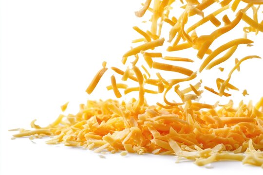 Shredded cheddar cheese falling and piling up on a white surface in a dynamic motion shot.