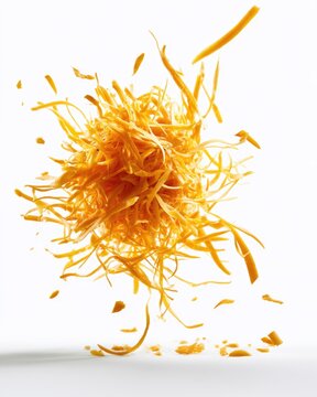 A dynamic burst of thin, orange, shredded strands suspended in mid-air against a white background, creating an abstract and energetic visual effect.